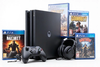 Console de jeu avec plusieurs accessoires et jeux
