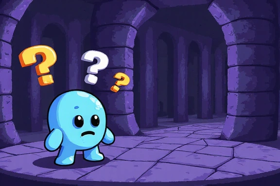 Personnage de jeu vidéo perdu dans un labyrinthe numérique, à l'air confus et cherchant son chemin.
